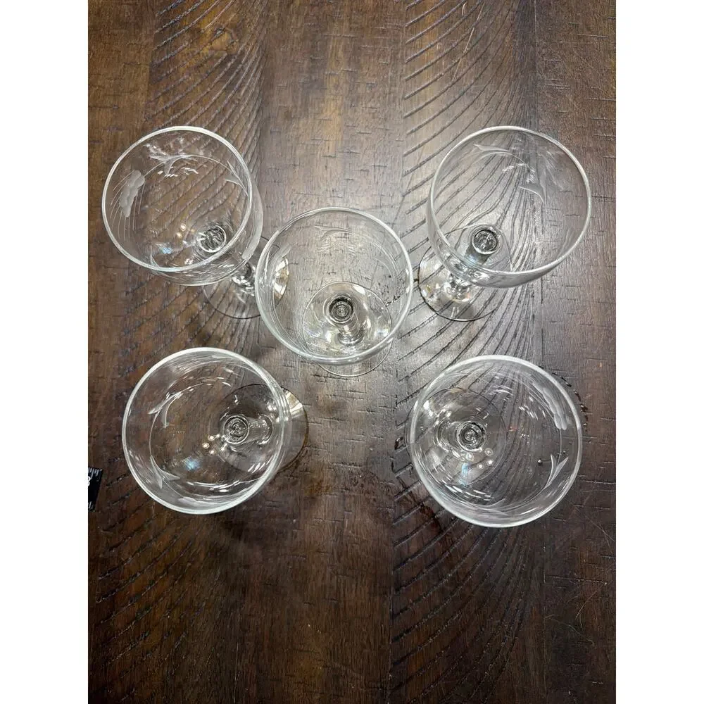 Vintage Etched Glass Wine Claret Glass Set Of 5 Stemware 4 3/4